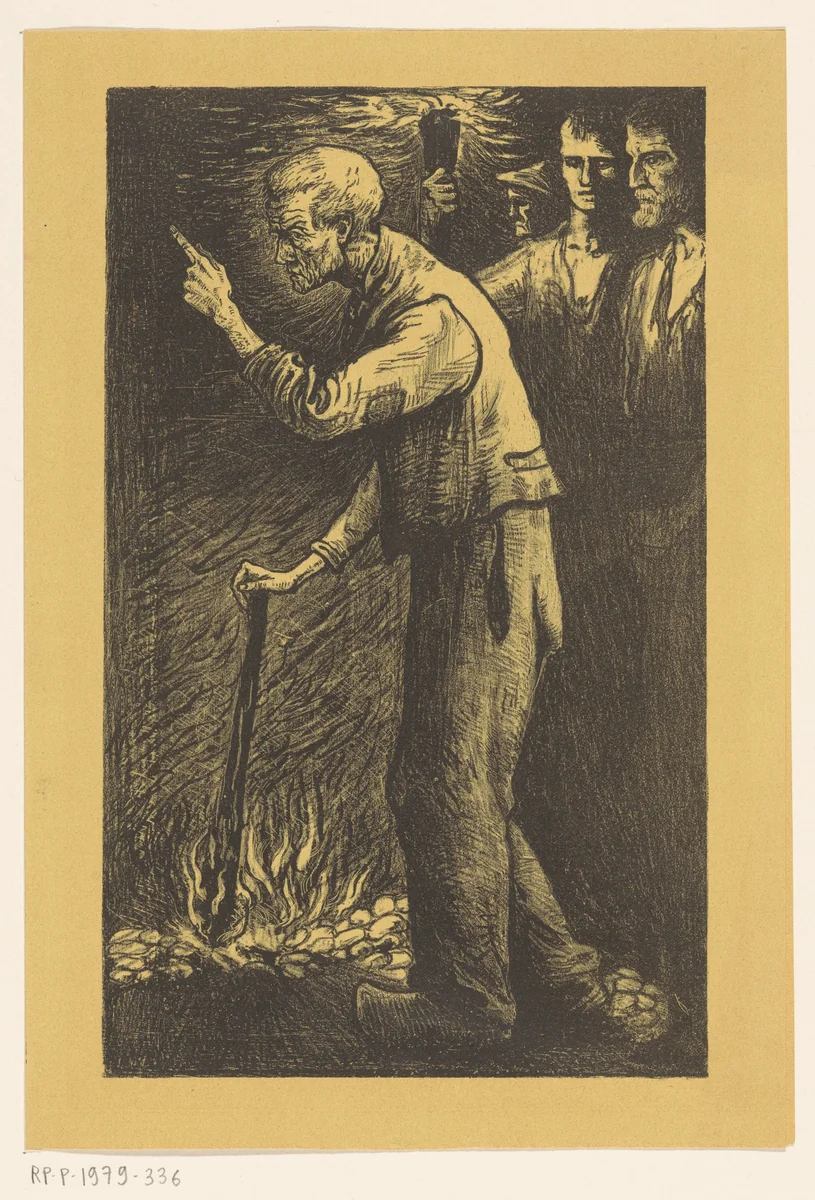 Arbeider met brandende fakkel en opgeheven vinger by Richard Nicolaüs Roland Holst, print, 1898