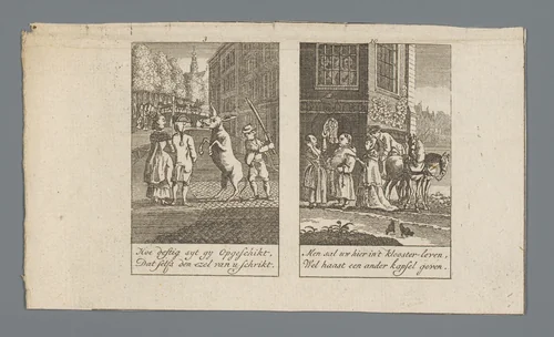 Ezel schrikt van een modieus koppel en vrouw neemt haar pruik af voor een monnik by anonymous, print, 1750-1800