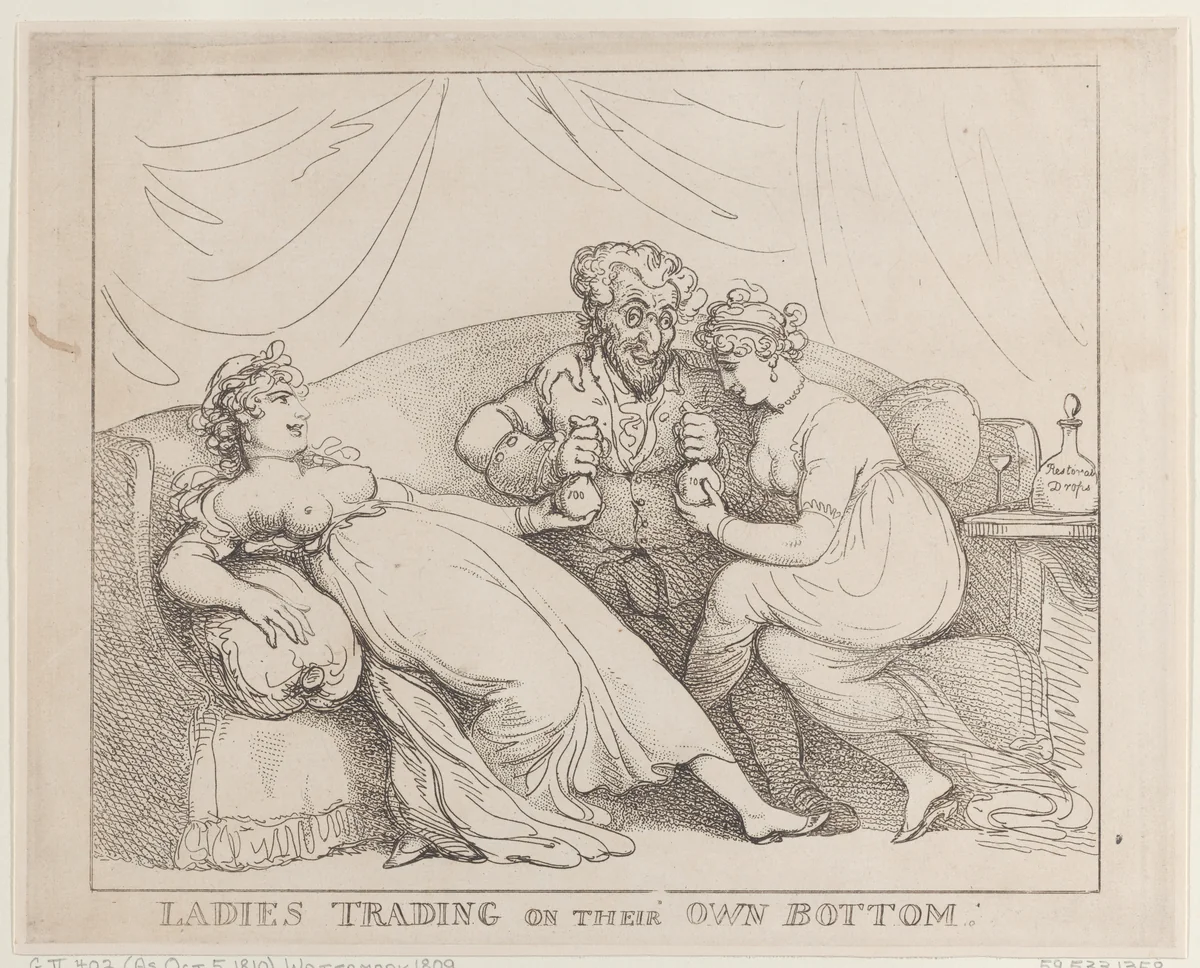 Ladies Trading on Their Own Bottom by Thomas Rowlandson, print, 1810