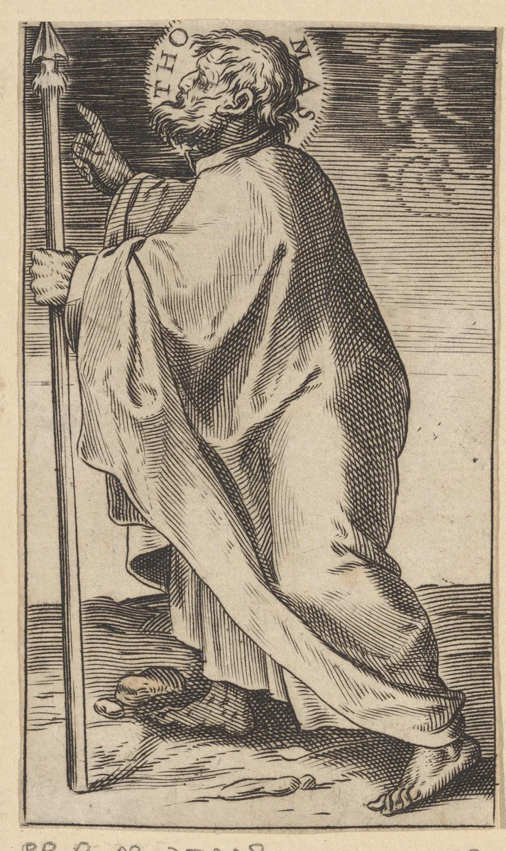 Apostel Tomas met een speer by Agostino Carracci, print, 1583