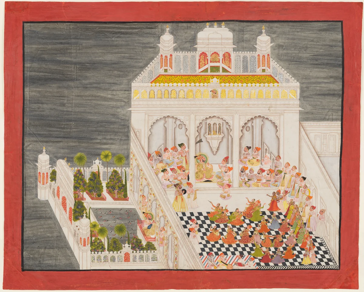 Maharana Ari Singh with His Courtiers Being Entertained at the Jagniwas Water Palace by Bhima, painting, 1767