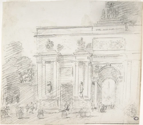 Study for a Triumphal Arch (recto); Alternate Study for a Triumphal Arch (verso) by Hubert Robert, drawing, 1795-1805