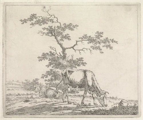 Landschap met grazende koe by Pieter Janson, print, 1780-1851