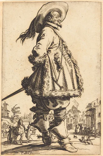 Noble Man with Mantle Trimmed in Fur, Holding his Hands Behind his Back by Jacques Callot, print, 1620-1623