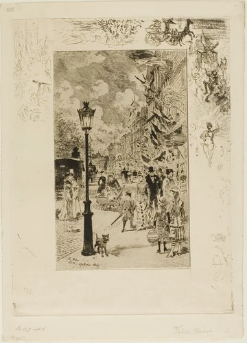 National Holiday on the Boulevard Clichy by Félix Hilaire Buhot, print, 1878