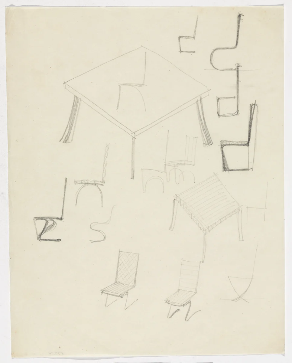 Table. Chair. (Perspective sketches, elevation sketches) by Ludwig Mies van der Rohe, mies van der rohe archive, 1926