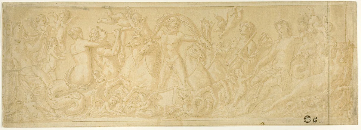 Chariot of Neptune Surrounded by Tritons, Nymphs, and Putti by Pierre Brebiette, drawing, 1600-1699