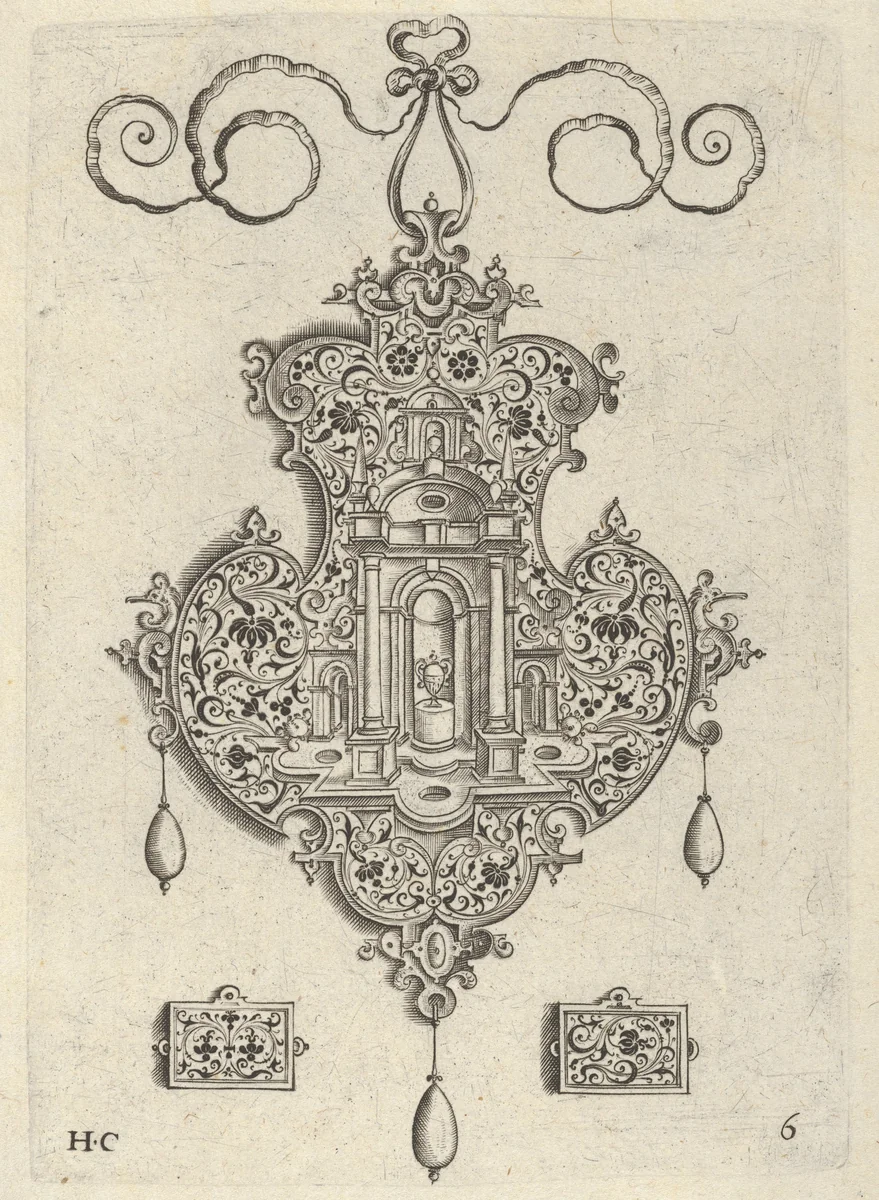 Pendant Design with Niche and a Vase with Two Handles Above Rectangular Ornaments by Jan Collaert, print, 1604