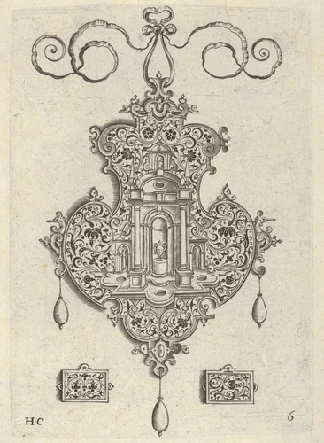 Pendant Design with Niche and a Vase with Two Handles Above Rectangular Ornaments by Jan Collaert, print, 1604