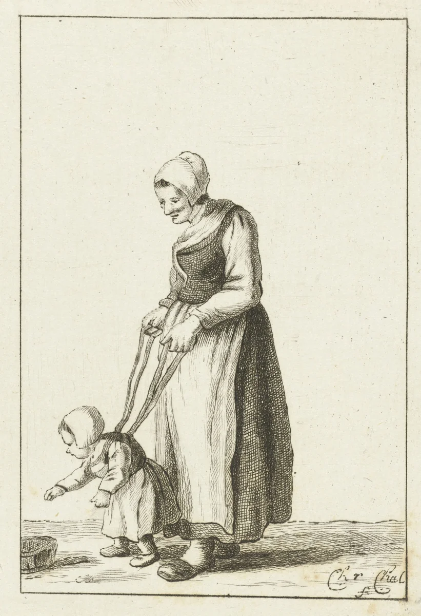 Moeder leert kind lopen by Pieter de Mare, print, 1779-1796