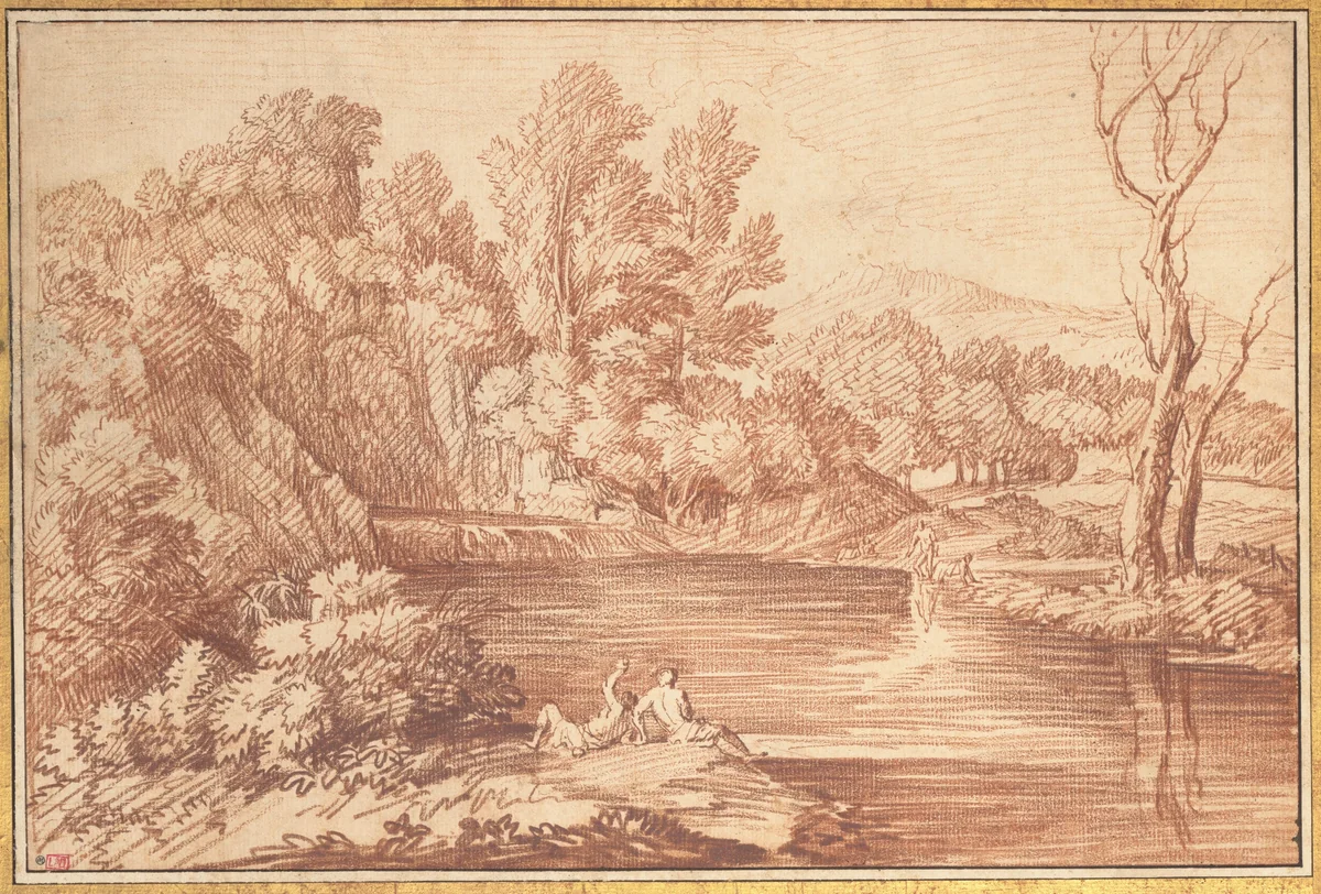 Landscape with Figures on the Bank of a River by Gaspard Dughet, drawing, 1625-1675