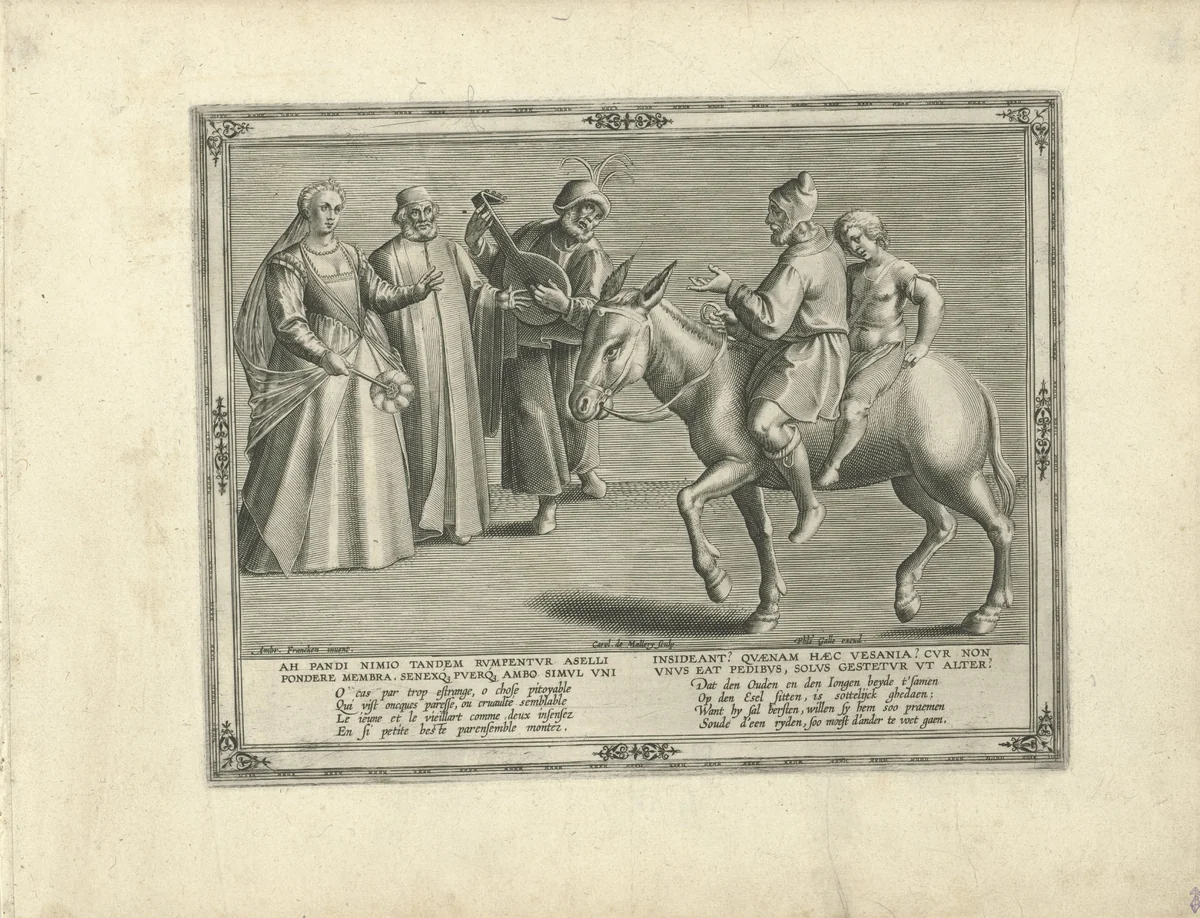 Vader en zoon op de rug van de ezel by Unknown, print, 1570-1612