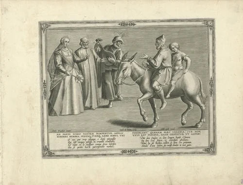 Vader en zoon op de rug van de ezel by Unknown, print, 1570-1612