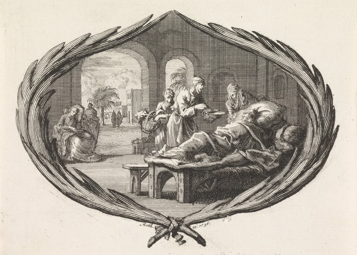 Zieken bezoeken by Jan Luyken, print, 1700