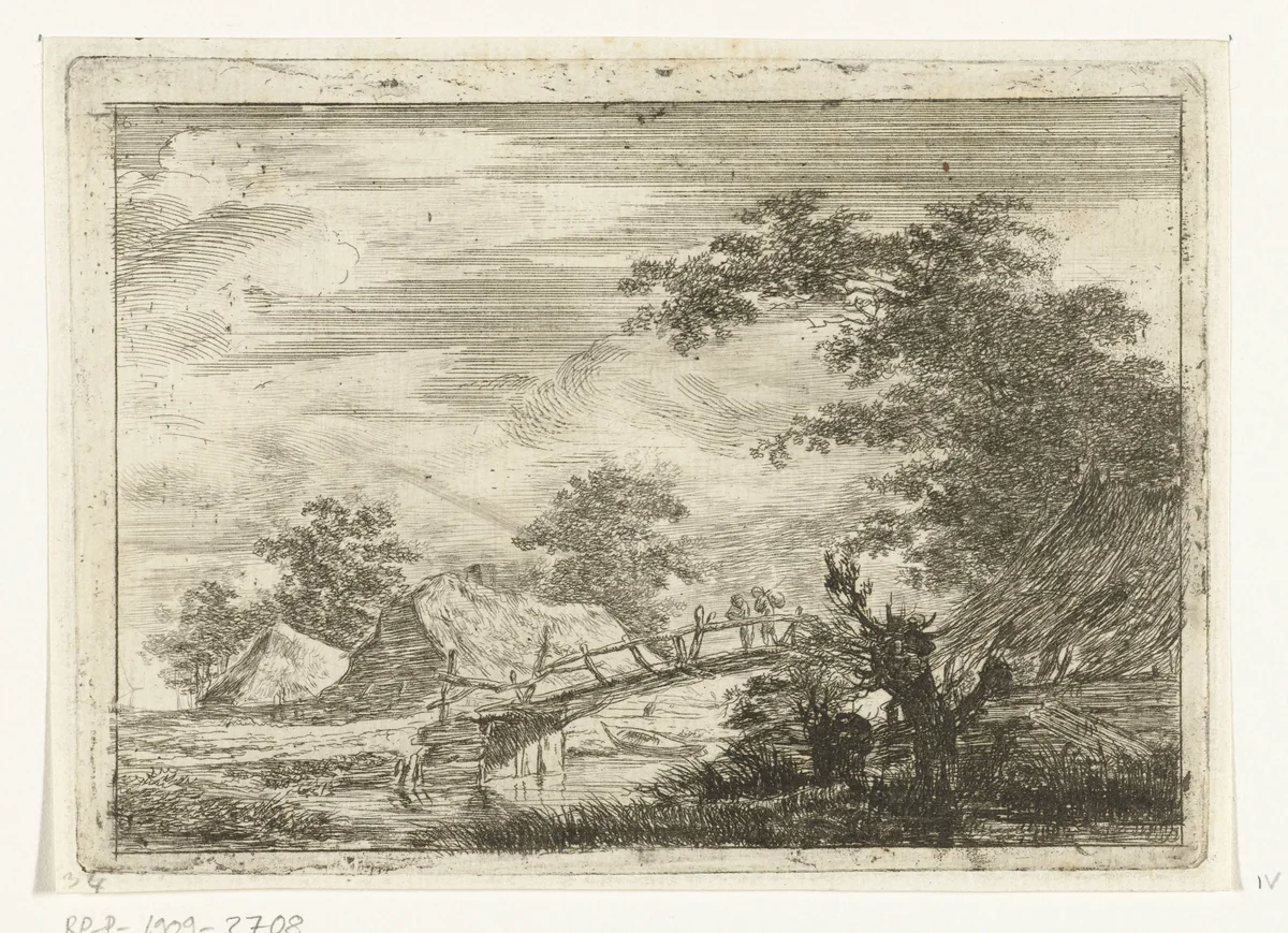 Houten brug bij huizen by Hermanus van Brussel, print, 1800-1815