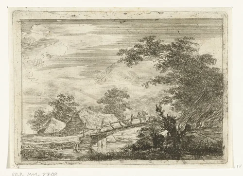 Houten brug bij huizen by Hermanus van Brussel, print, 1800-1815