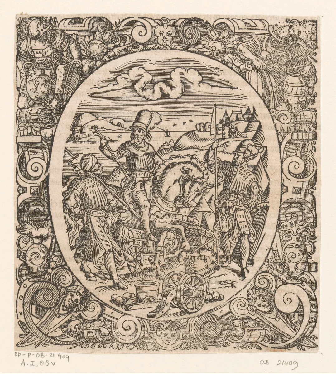 Artillerieofficier met twee soldaten by Jost Amman, print, 1573