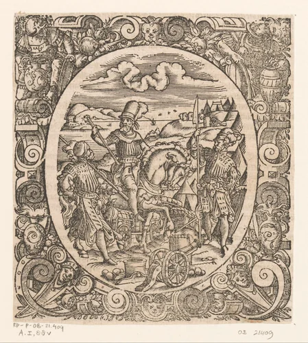 Artillerieofficier met twee soldaten by Jost Amman, print, 1573