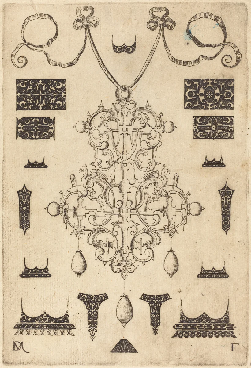 Large Pendant with Three Drops Below, Surrounded by Fifteen Different Studs by Daniel Mignot, print, 1593