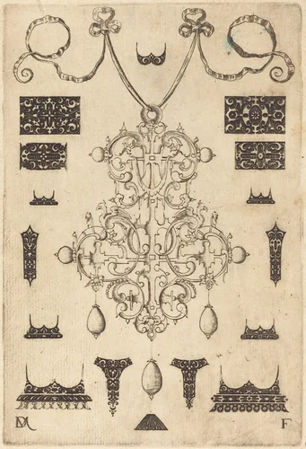 Large Pendant with Three Drops Below, Surrounded by Fifteen Different Studs by Daniel Mignot, print, 1593