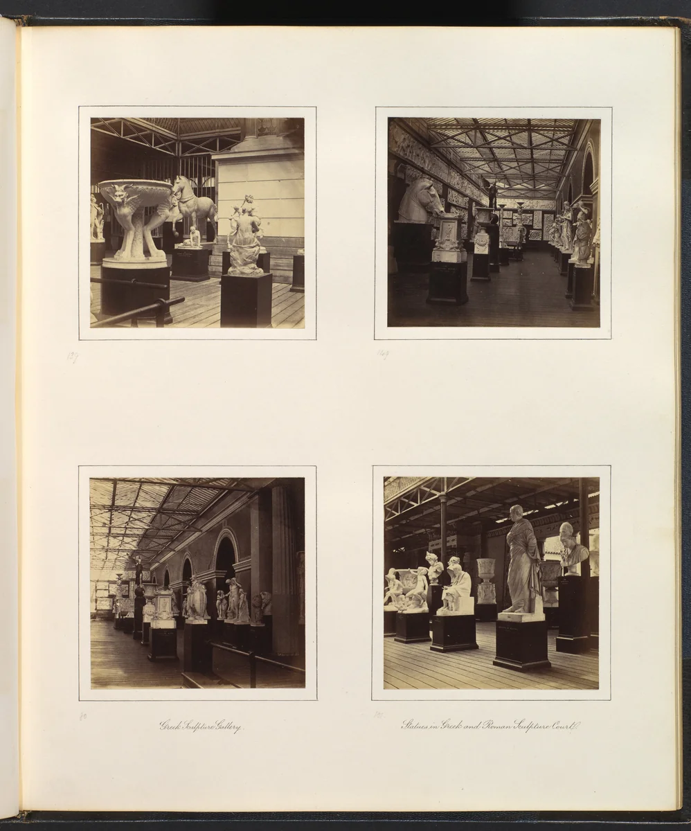 [Sculptures in Roman Court; Sacrificial Altar; Greek Sculpture Gallery; Statues in Greek and Roman Sculpture Court] by Philip Henry Delamotte, photograph, 1857-1861