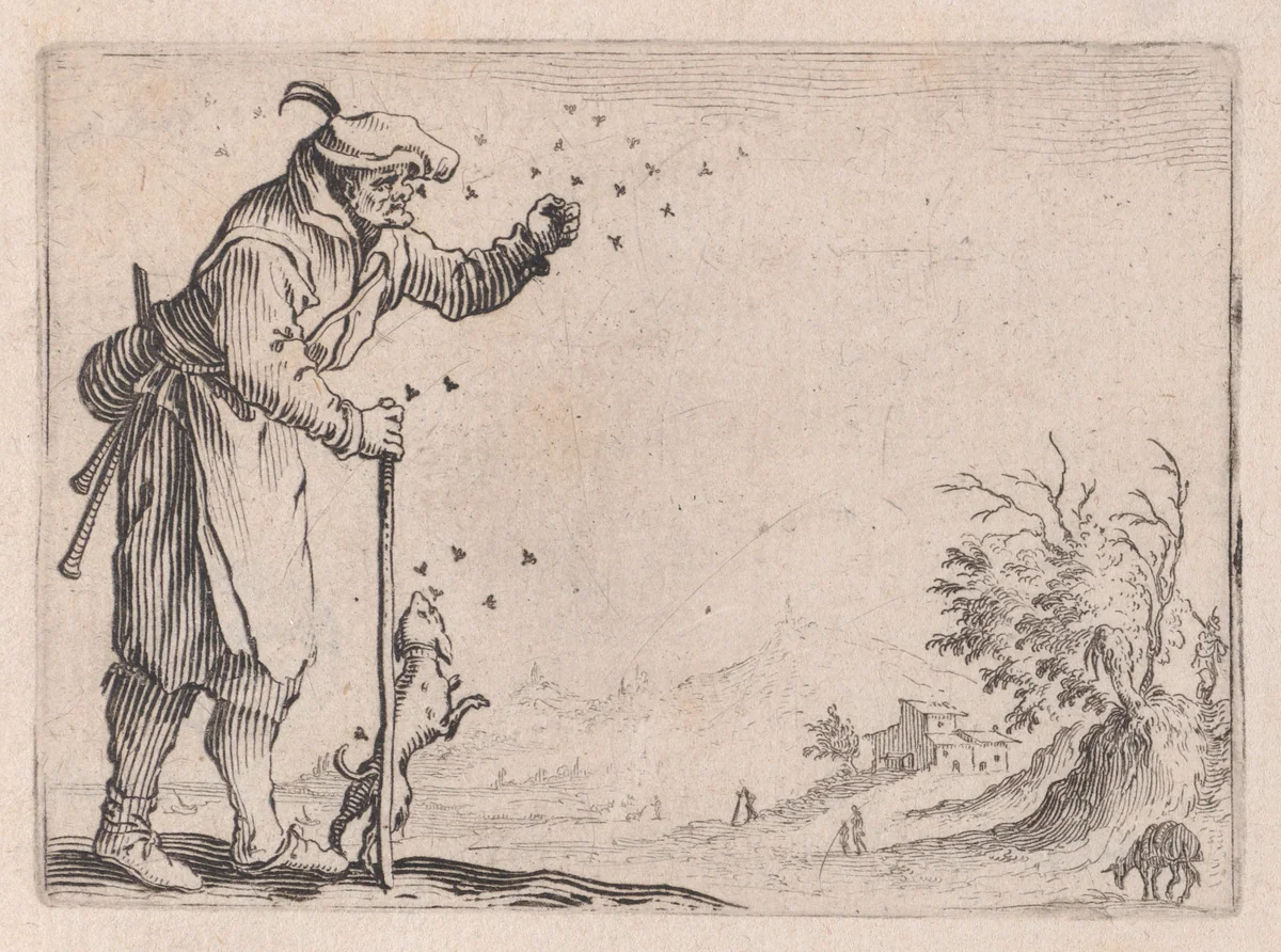 Le Paysan Assailli par les Abeilles (The Peasant Attacked by Bees), from "Les Caprices" Series B, The Nancy Set by Jacques Callot, print, 1617-1620