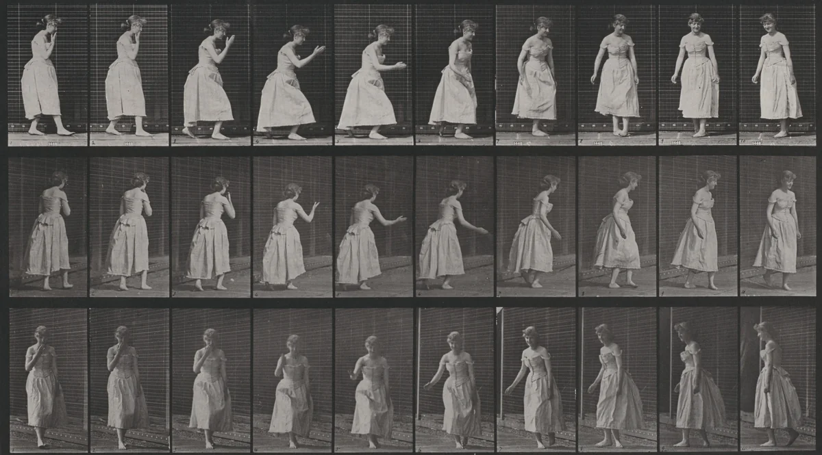 Plate Number 200. Curtseying, kissing hand and turning around by Eadweard Muybridge, photograph, 1887