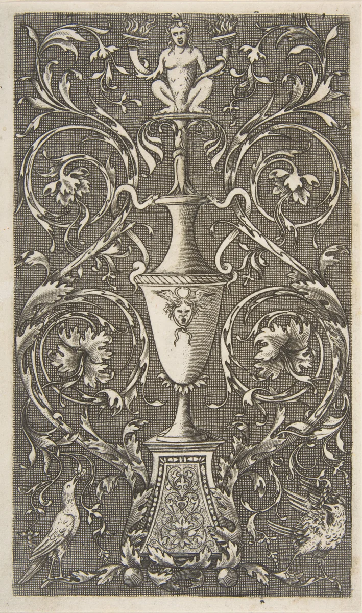 Grotesque with a vase, birds and acanthus scrolls by anonymous, print, 1515-1600