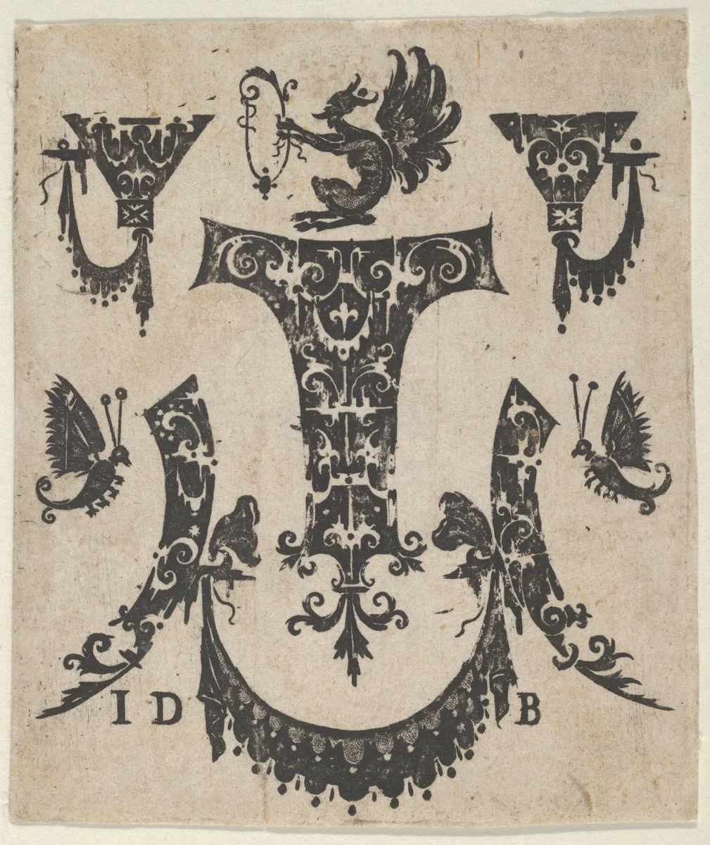 Blackwork Print with Five Ornament Motifs, a Pair of Butterflies and a Grotesque by Hans de Bull, print, 1592-1604
