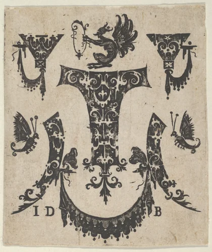 Blackwork Print with Five Ornament Motifs, a Pair of Butterflies and a Grotesque by Hans de Bull, print, 1592-1604