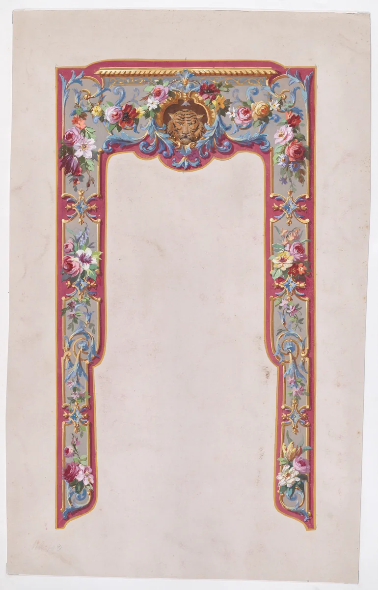 Design for a Valance in the Style of Louis XVI with Bundles and Garlands of Flowers and an Ornamental Frame with a Tiger Face by anonymous, drawing, 1870-1900