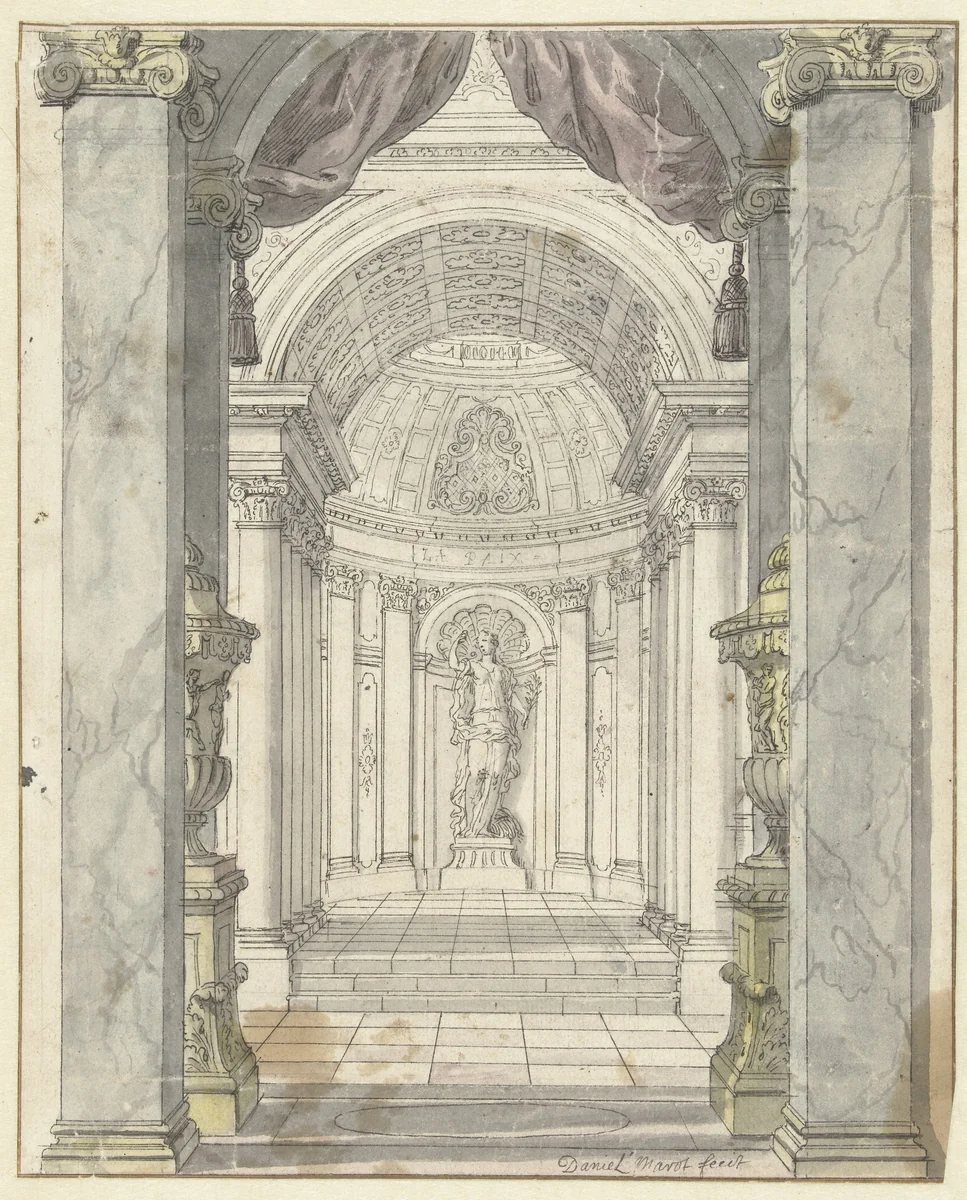 Gezicht door een portiek en zuilenrij by Daniël Marot, drawing, 1672-1752