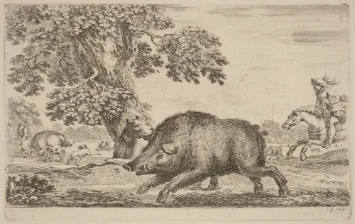 Boar Running to the Left by Stefano della Bella, print, 1610-1664