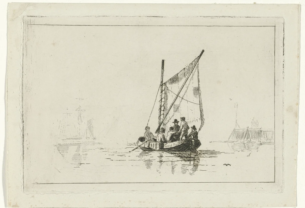 Een visserspink met zes mannen by Willem Gruyter jr., print, 1832-1880