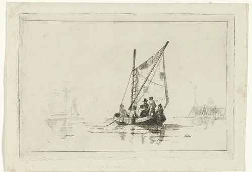 Een visserspink met zes mannen by Willem Gruyter jr., print, 1832-1880