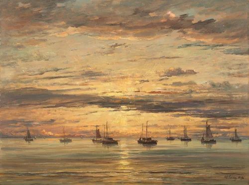 Sunset at Scheveningen: A Fleet of Fishing Vessels at Anchor by Hendrik Willem Mesdag, painting, 1894