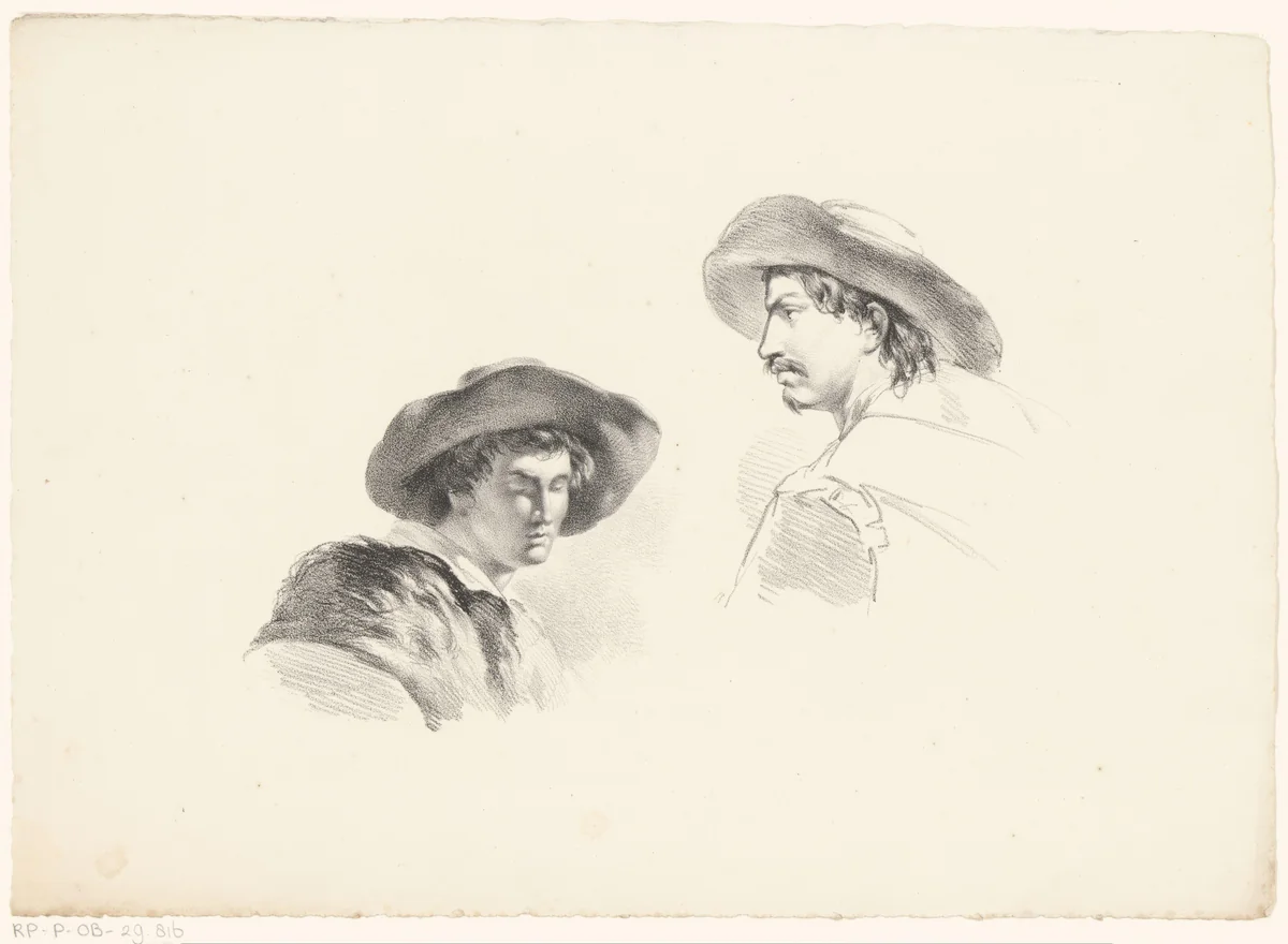 Twee mannen met hoed by Pieter Veldhuijzen, print, 1831-1832