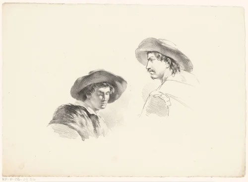 Twee mannen met hoed by Pieter Veldhuijzen, print, 1831-1832