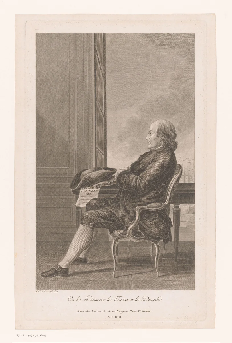 Portret van Benjamin Franklin en profile op een stoel gezeten by François Denis, print, 1749-1817