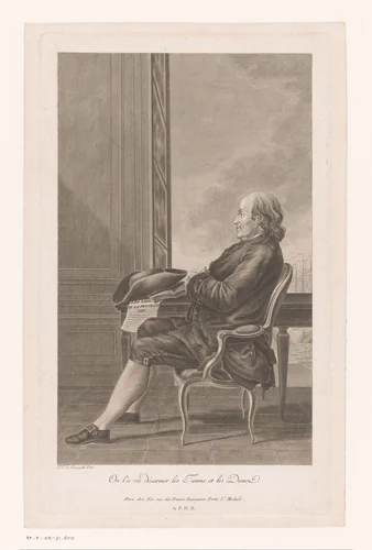 Portret van Benjamin Franklin en profile op een stoel gezeten by François Denis, print, 1749-1817