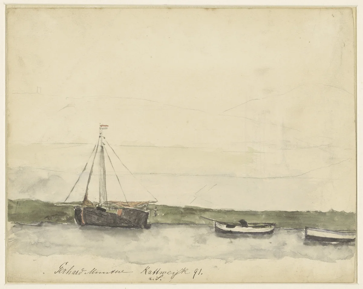Schepen in de haven te Katwijk aan Zee by Gerhard Morgenstjerne Munthe, drawing, 1885-1927