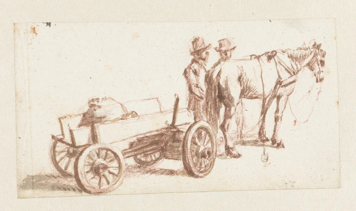 Twee mannen bij paard en wagen by Pieter Bartholomeusz. Barbiers, drawing, 1782-1837