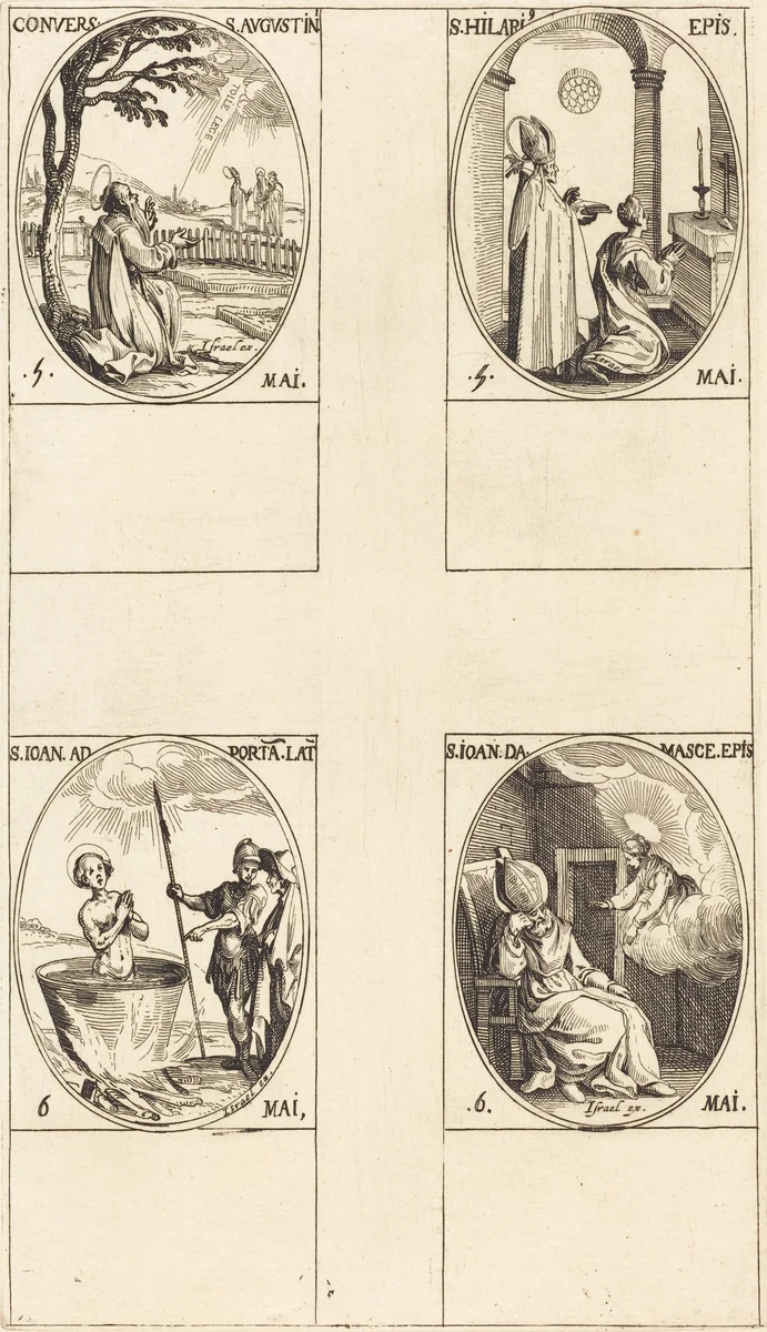 The Conversion of Saint Augustine; Saint Hilary; Saint John before the Latin Portal; Saint John of Damascus by Jacques Callot, print, 1627-1637