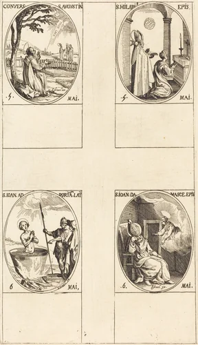 The Conversion of Saint Augustine; Saint Hilary; Saint John before the Latin Portal; Saint John of Damascus by Jacques Callot, print, 1627-1637