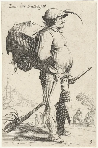 Man met rugzak en stok, gezien en profil by Salomon Savery, print, 1630-1665