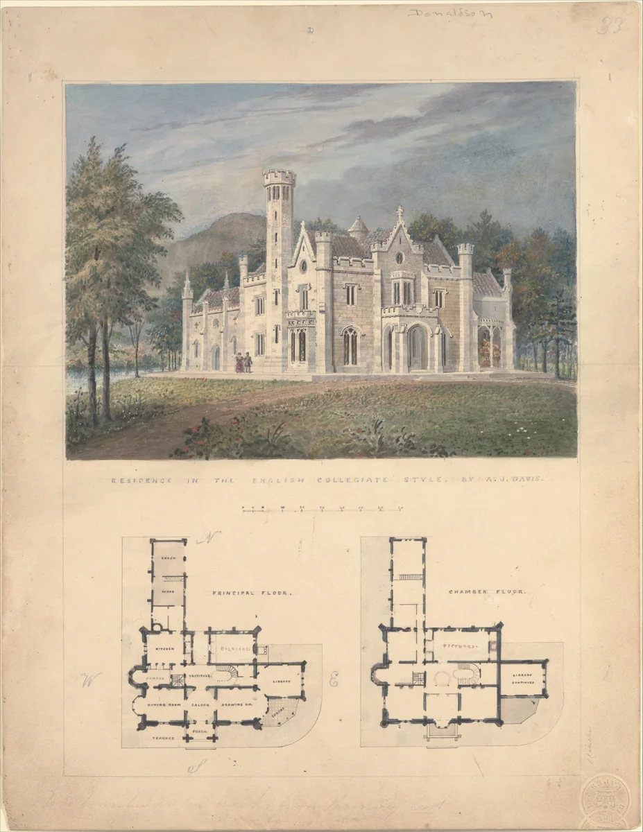 Villa for Robert Donaldson, Fishkill Landing, New York (perspective and plans) by Alexander Jackson Davis, drawing, 1834