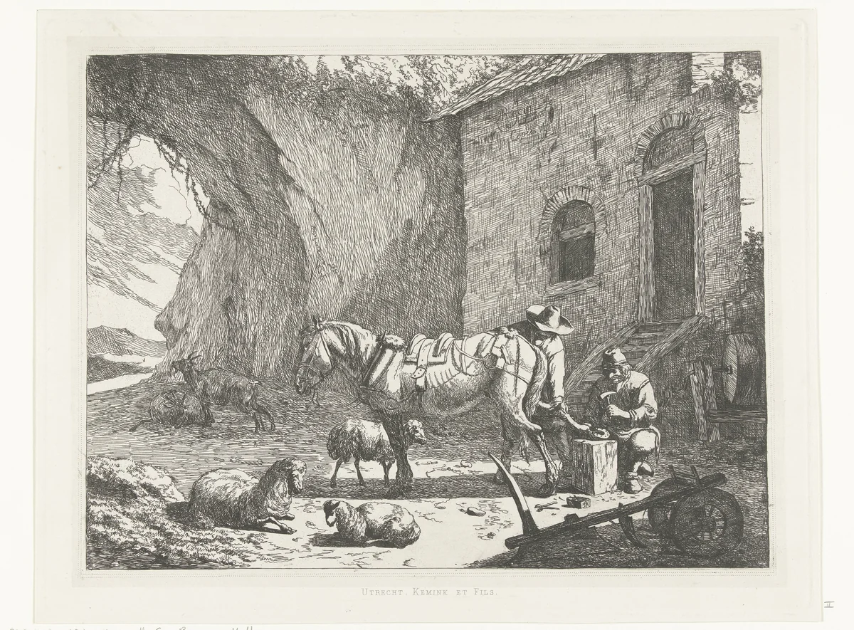 Paard wordt beslagen door hoefsmid op erf by Johannes Arnoldus Boland, print, 1866