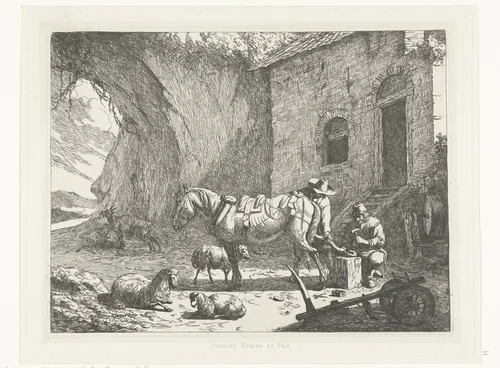 Paard wordt beslagen door hoefsmid op erf by Johannes Arnoldus Boland, print, 1866