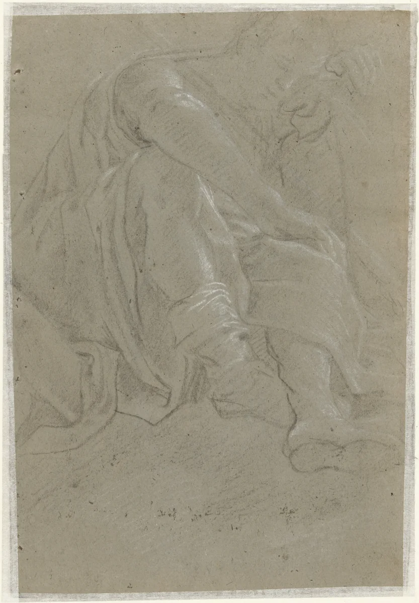 Zittende, wenende man by anonymous, drawing, 1610-1630