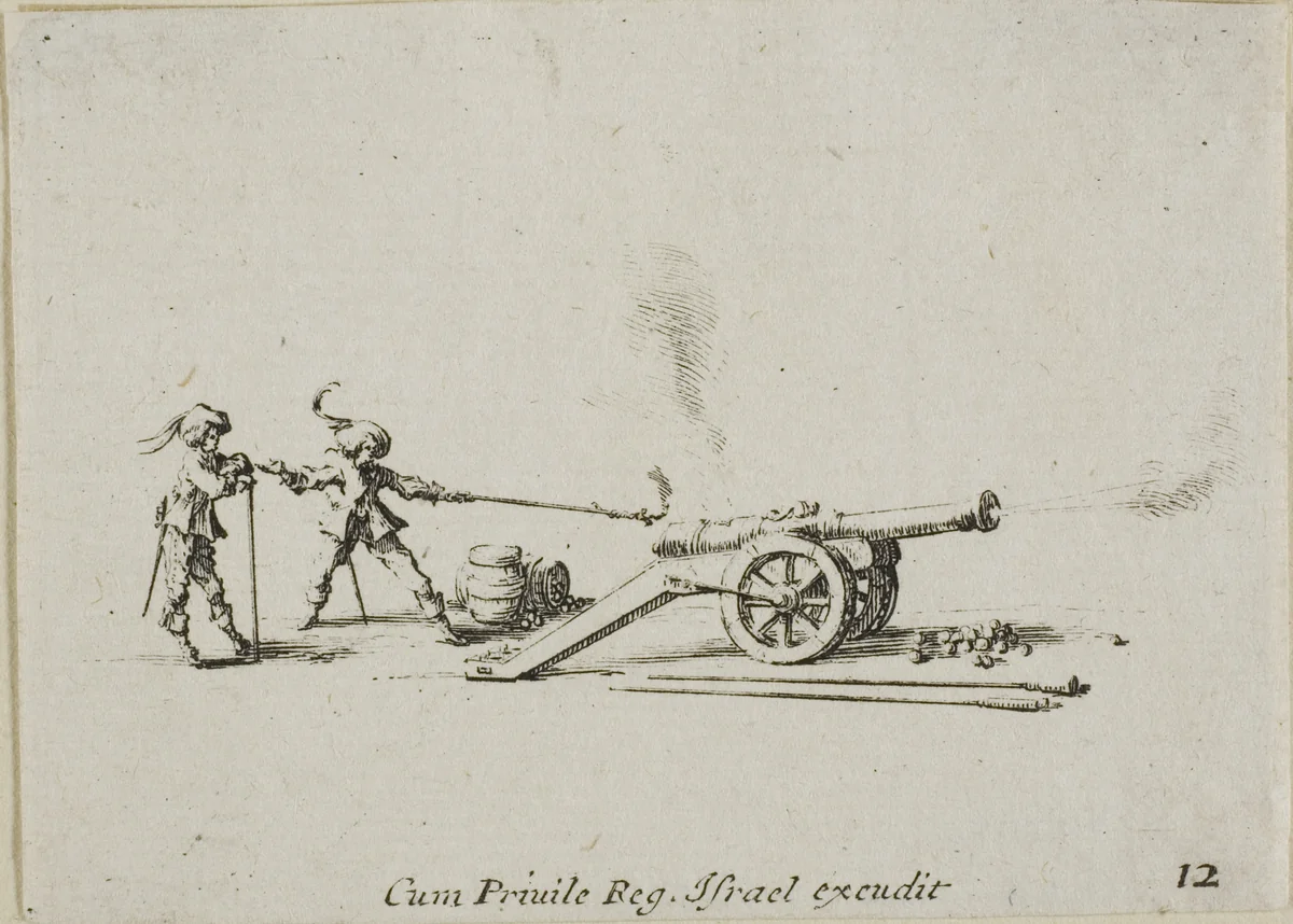 Firing the Canon, plate twelve from The Military Exercises by Jacques Callot, print, 1635